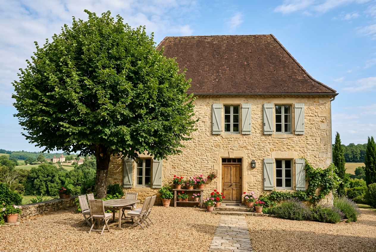 La ferme du Tilleul, en pierre blonde avec ses volets gris-vert, et le grand tilleul qui ombrage la cour.