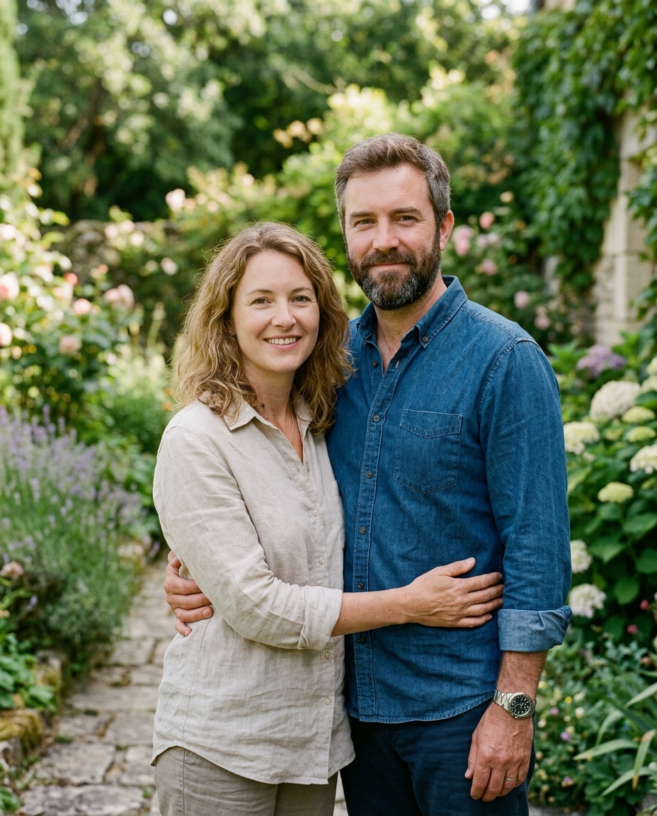 Claire et Marc, vos hôtes, côte à côte dans le jardin.