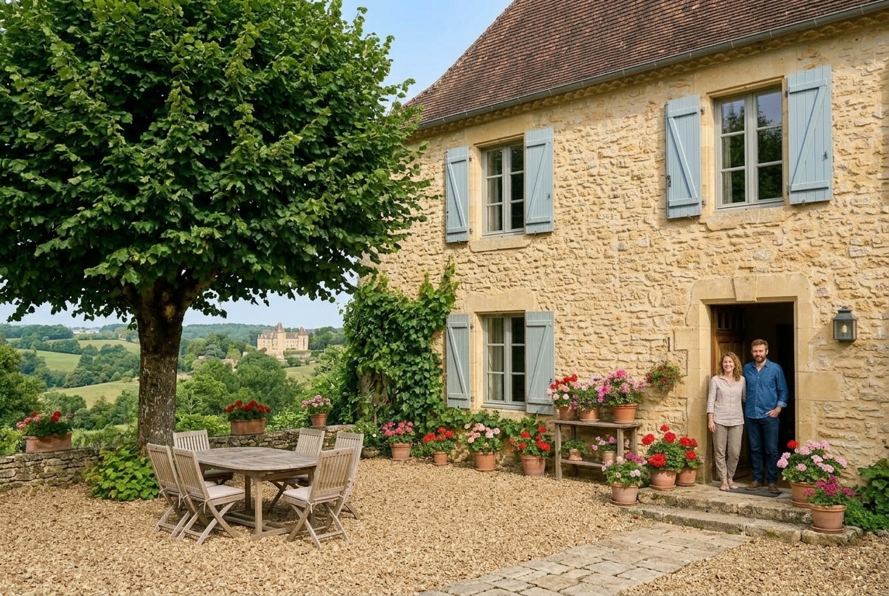 Claire et Marc sur le seuil de la ferme, la façade de pierre blonde derrière eux.
