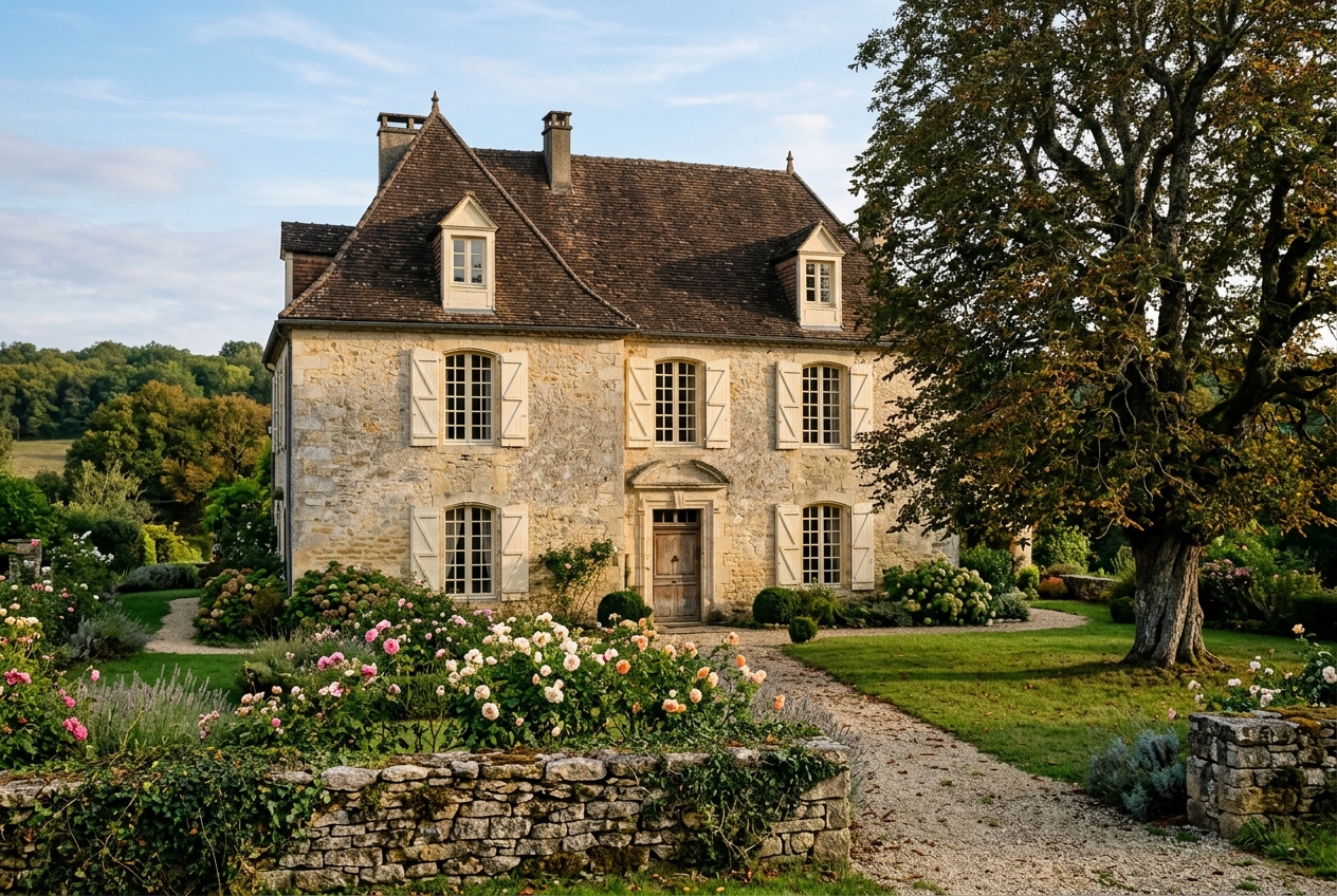 La façade de la Maison du Noyer vue du jardin, les roses anciennes au premier plan.