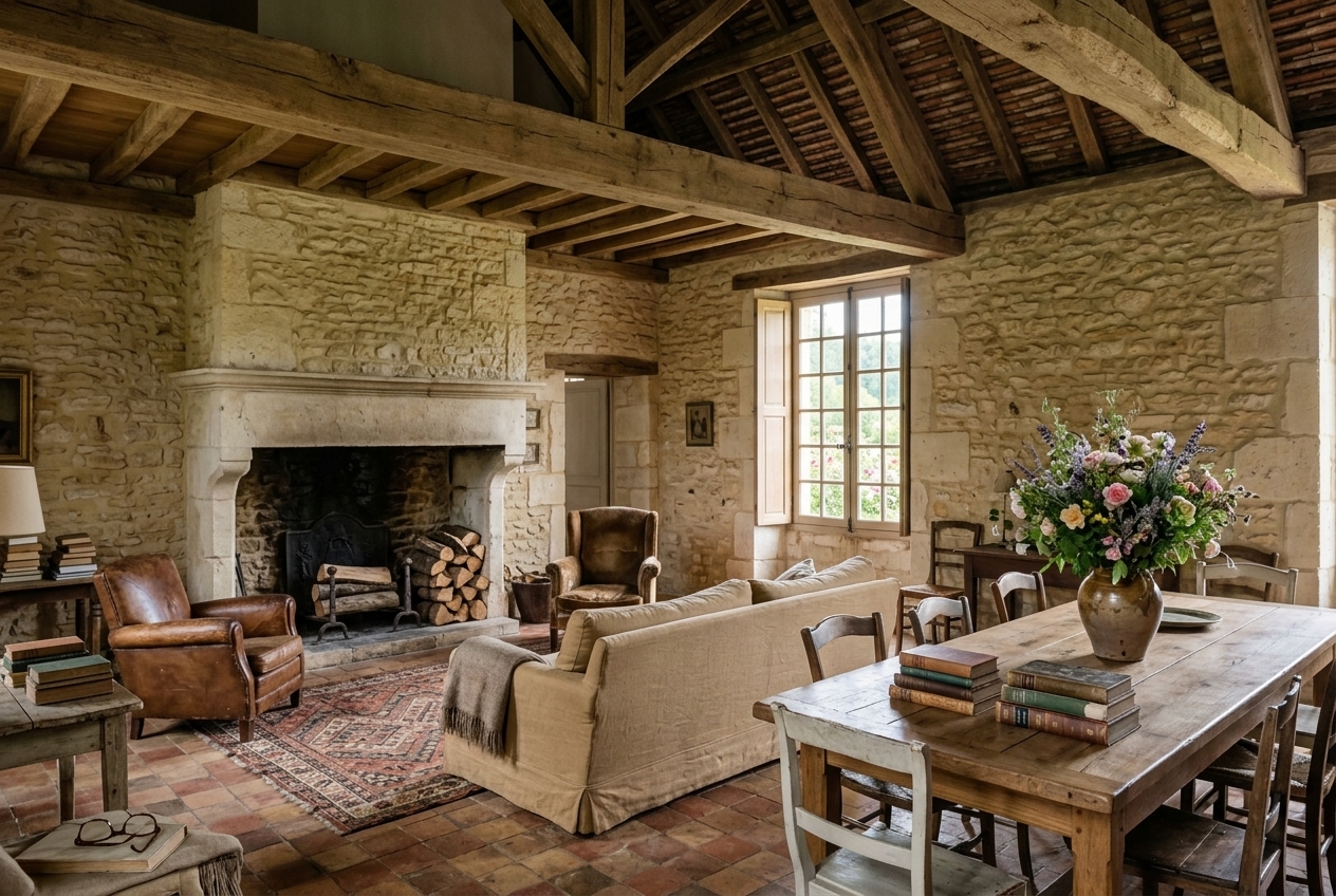 Le grand salon de la maison : murs de pierre blonde, poutres de chêne, cheminée, canapé de lin et longue table de ferme