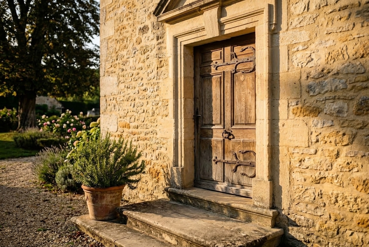 La porte de chêne et ses pentures de fer, dans le mur de pierre blonde.