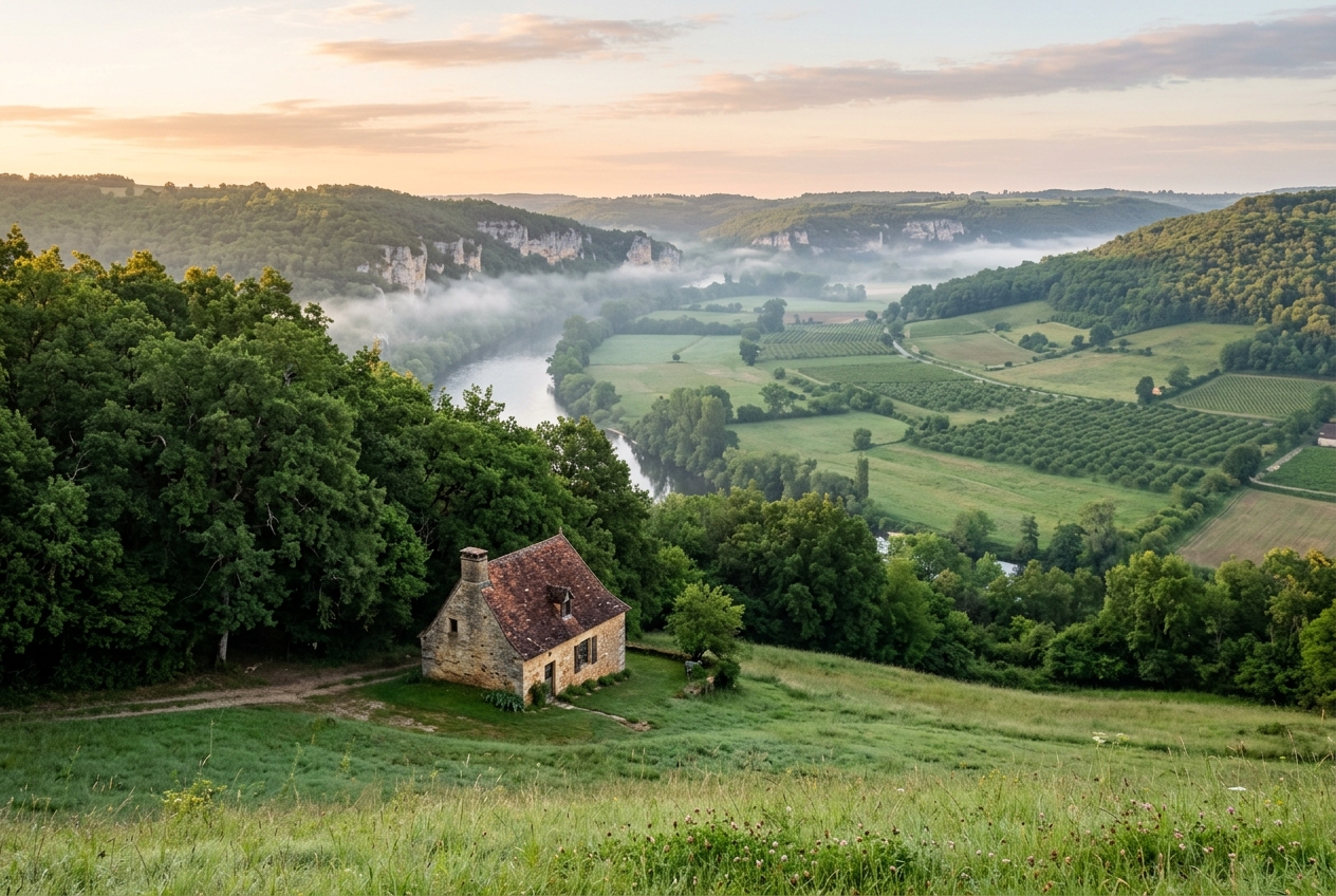 Le gîte, une petite maison de pierre au toit de tuiles, en lisière du bois, au-dessus de la vallée de la Dordogne dans la brume du matin