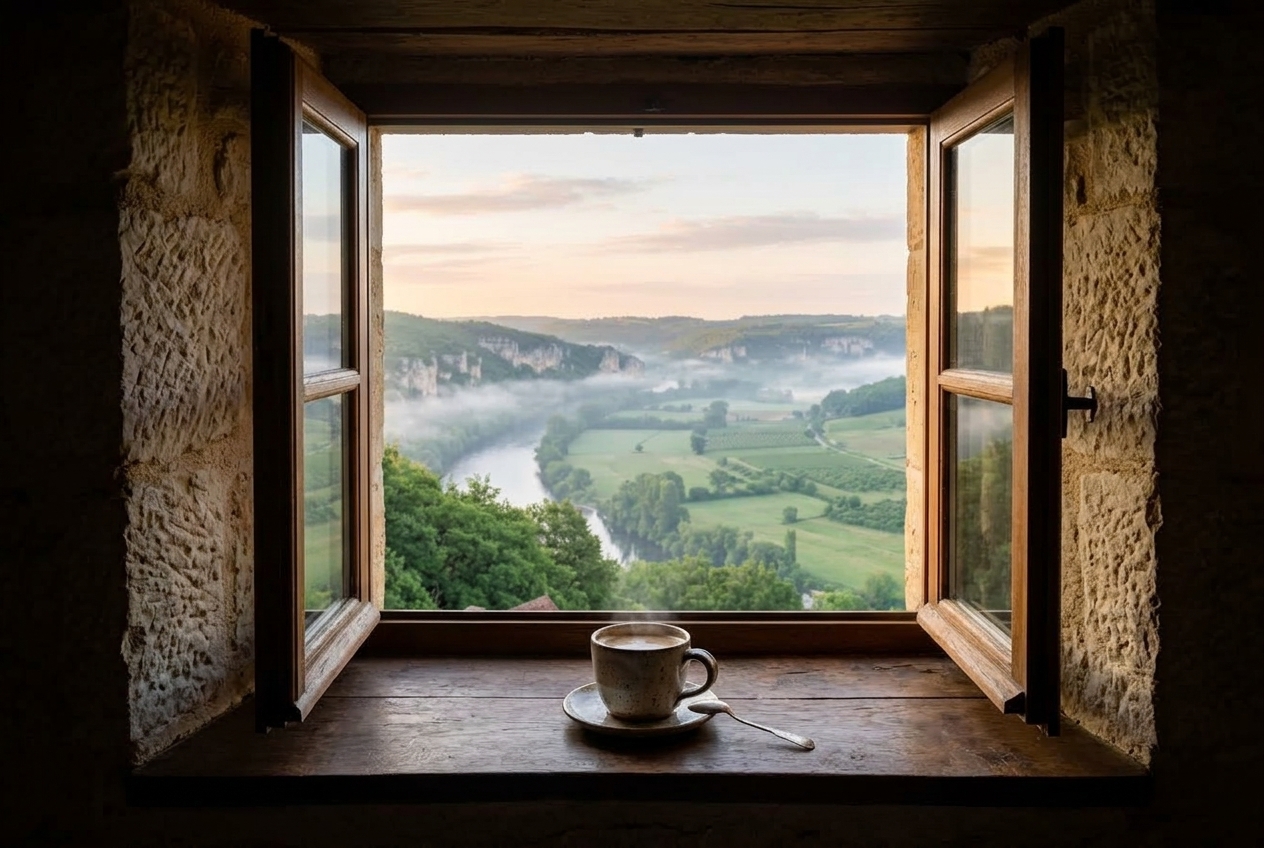 La vallée dans la brume du matin, vue par la fenêtre ouverte, une tasse de café sur le rebord.