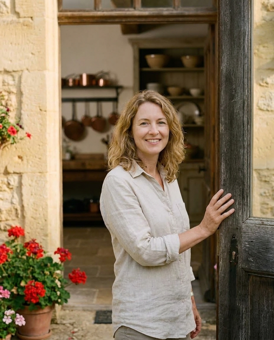 Claire, souriante, à la porte de la cuisine.