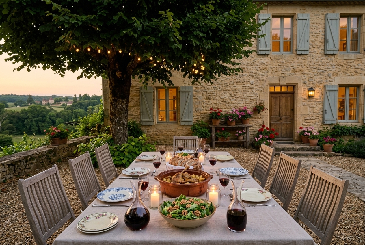 La grande table dressée sous le tilleul à la tombée du jour, bougies allumées, le confit de canard au milieu.