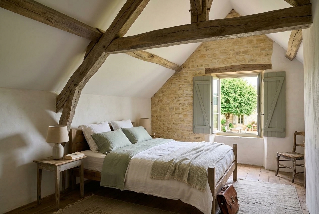 La chambre La Cour : lit double, poutres, fenêtre aux volets gris-vert ouverte sur le tilleul.