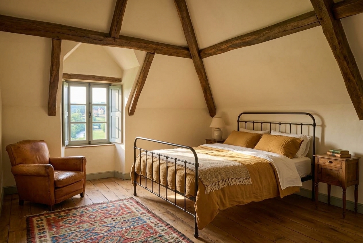 La chambre Les Prés : lit double en fer, fauteuil de cuir, fenêtre sur les prés.