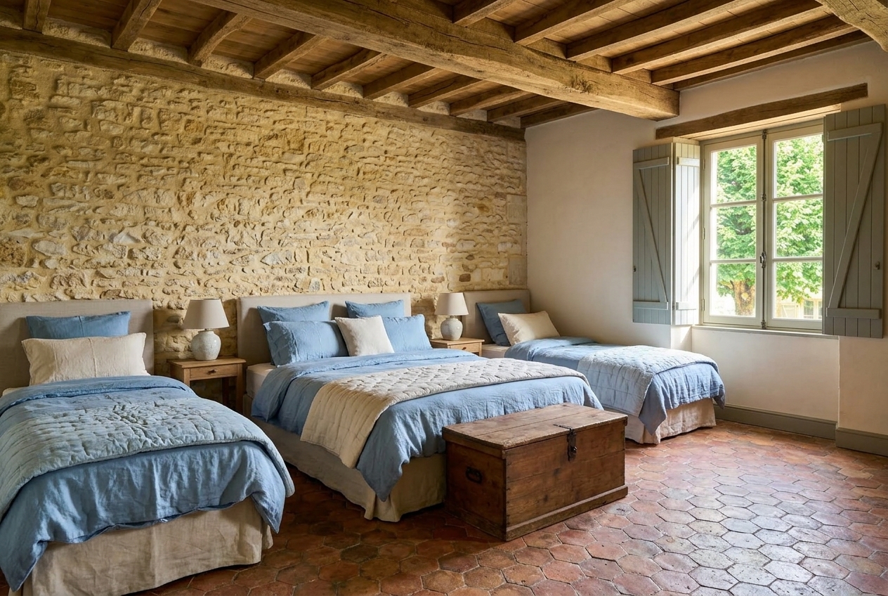 La chambre Le Fournil : un lit double et deux lits simples, mur de pierre, tomettes.