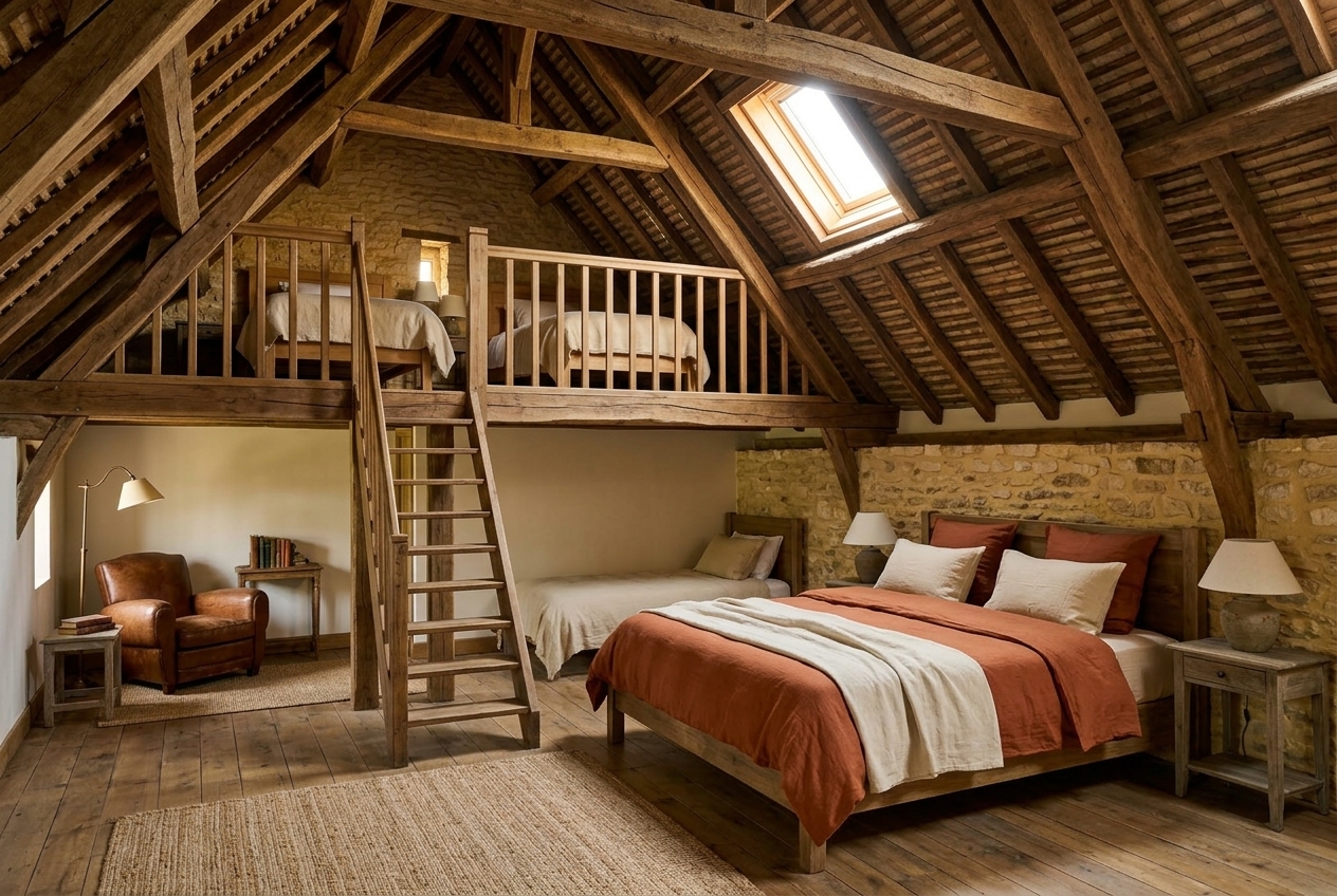 La chambre Le Grenier : mezzanine à deux lits sous la charpente, lit double en dessous.