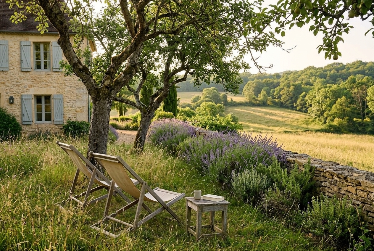 Le jardin derrière la ferme : deux chaises longues à l’ombre des fruitiers, la lavande le long d’un muret de pierre sèche.