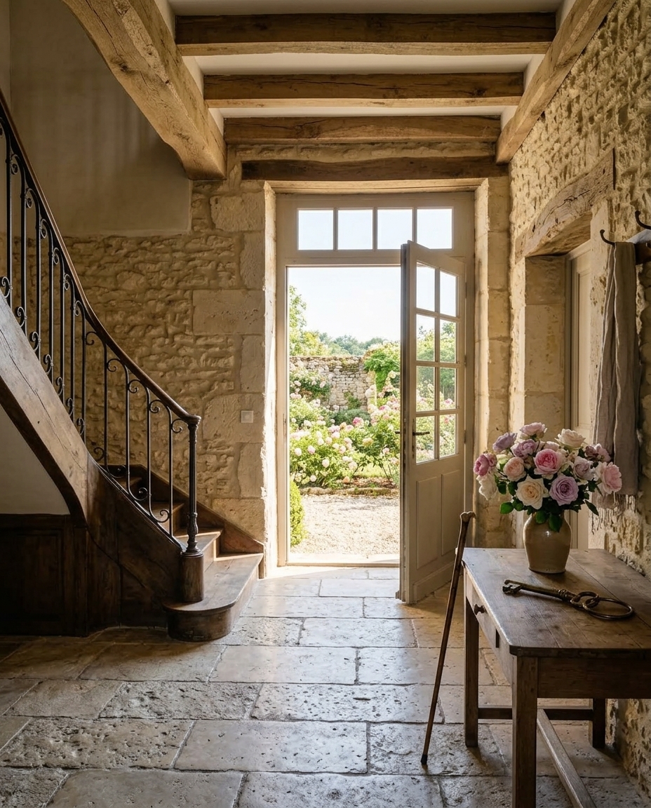 Le hall d'entrée, son escalier de chêne et la porte ouverte sur le jardin.