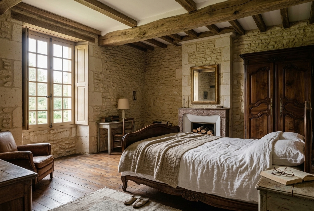 La grande chambre, sa cheminée de marbre, son armoire de noyer et sa fenêtre à petits carreaux.