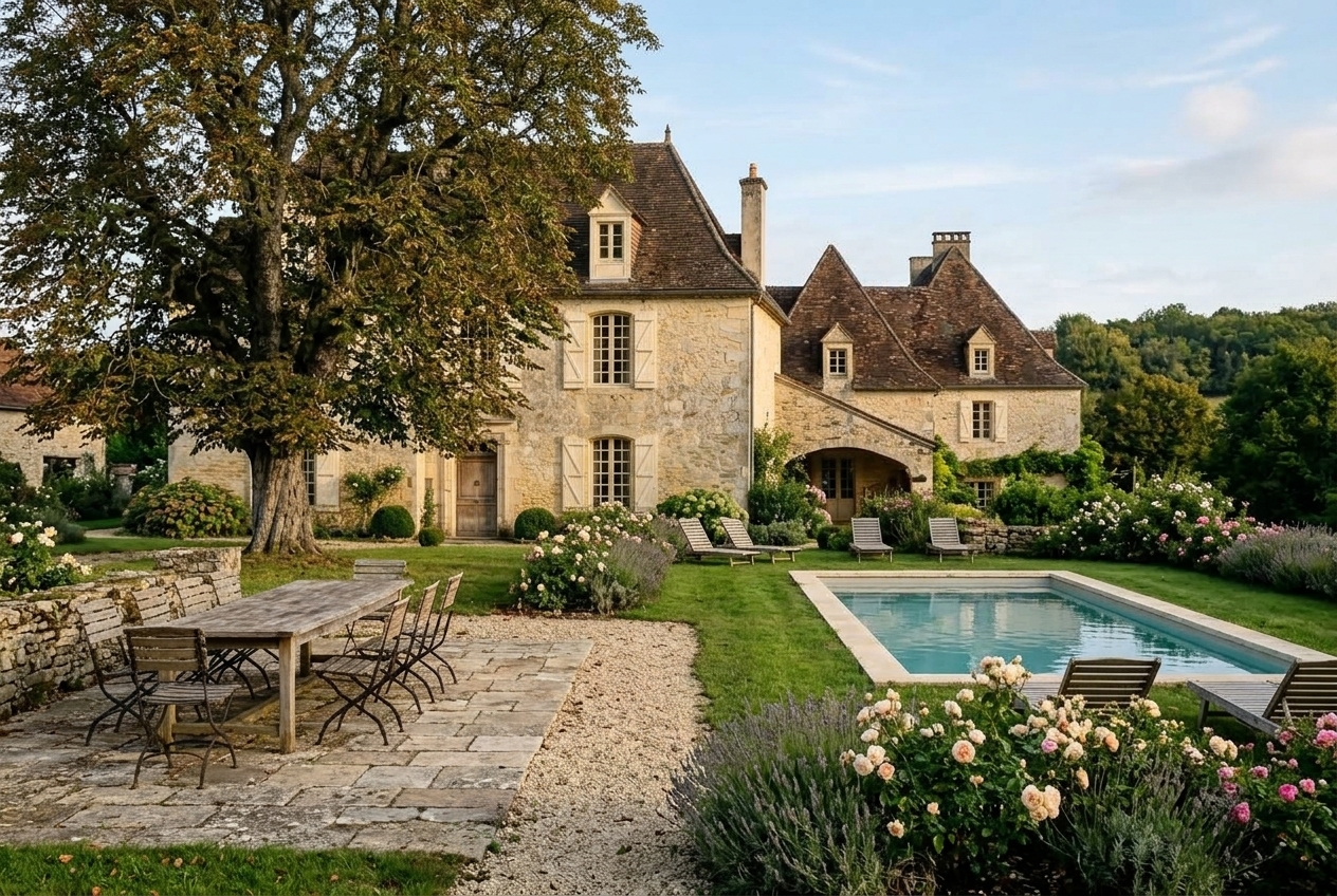 La terrasse de pierre et sa grande table à l’ombre du noyer, la piscine bordée de pierre claire, la maison derrière.