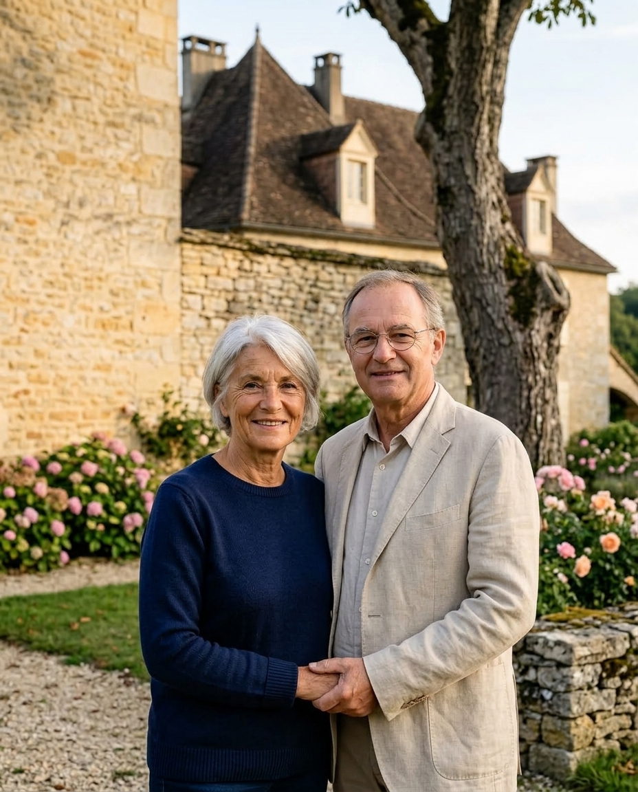 Hélène et François dans le jardin, devant le mur de pierre blonde et le vieux noyer.