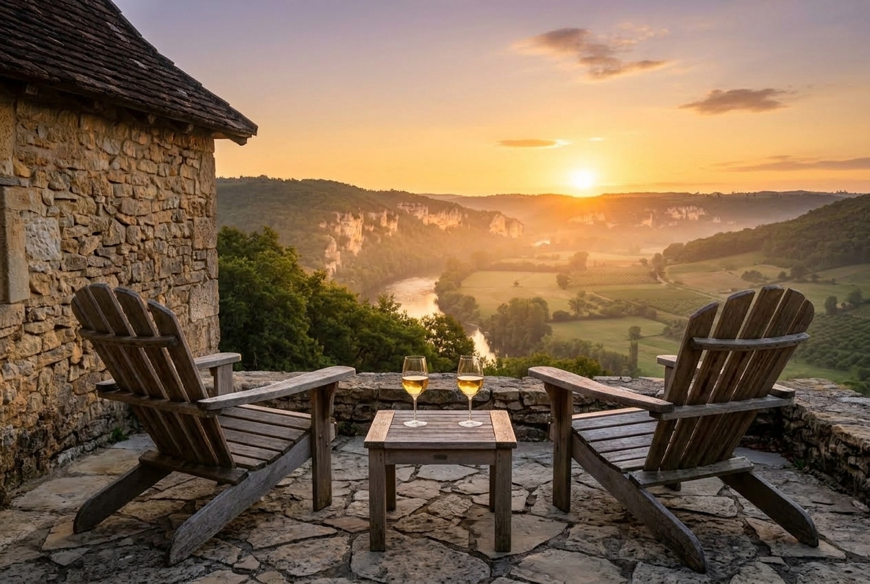 La terrasse de pierre au couchant, deux chaises face à la vallée dorée.