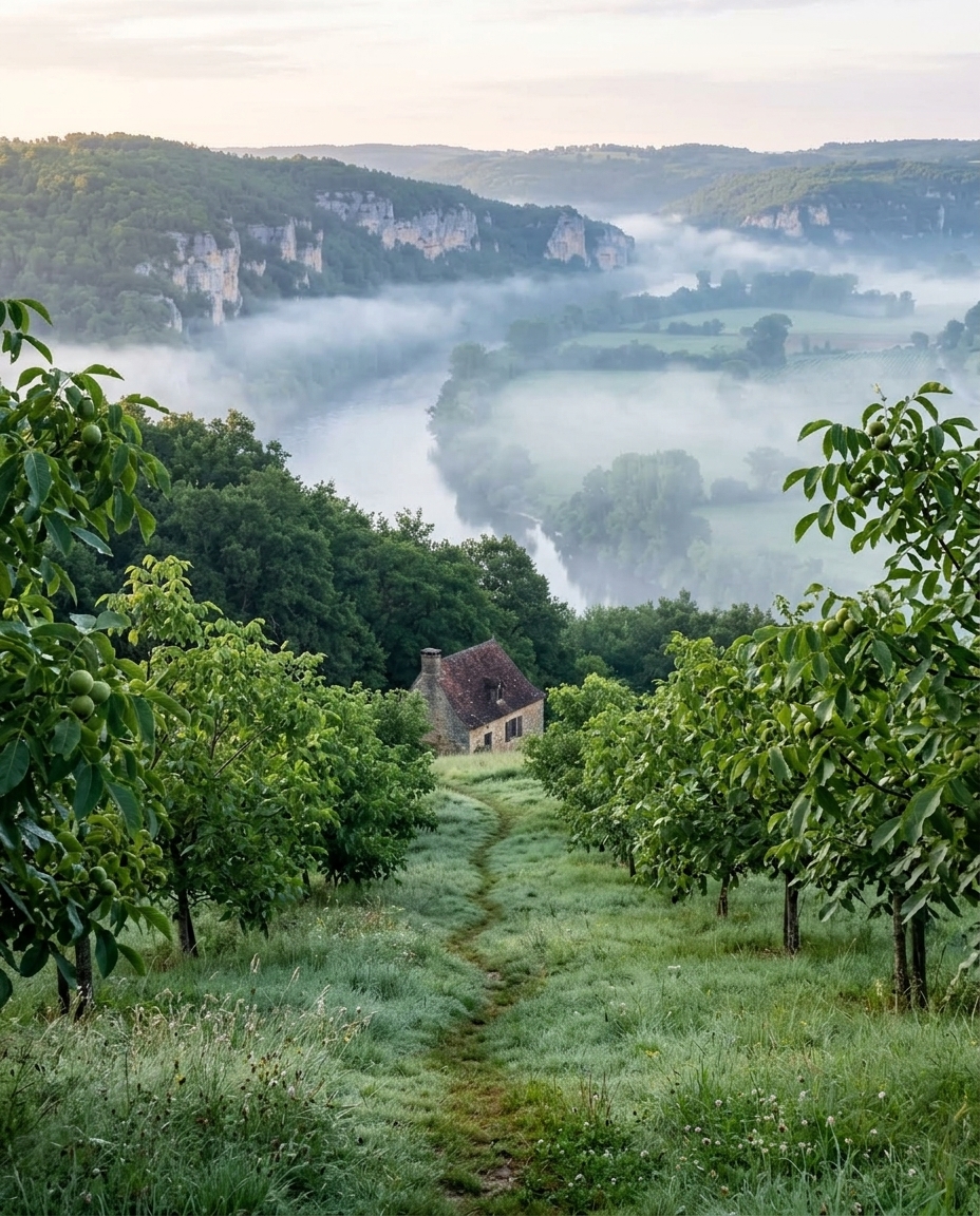 Le sentier dans la noyeraie, la maison plus loin et la vallée dans la brume.