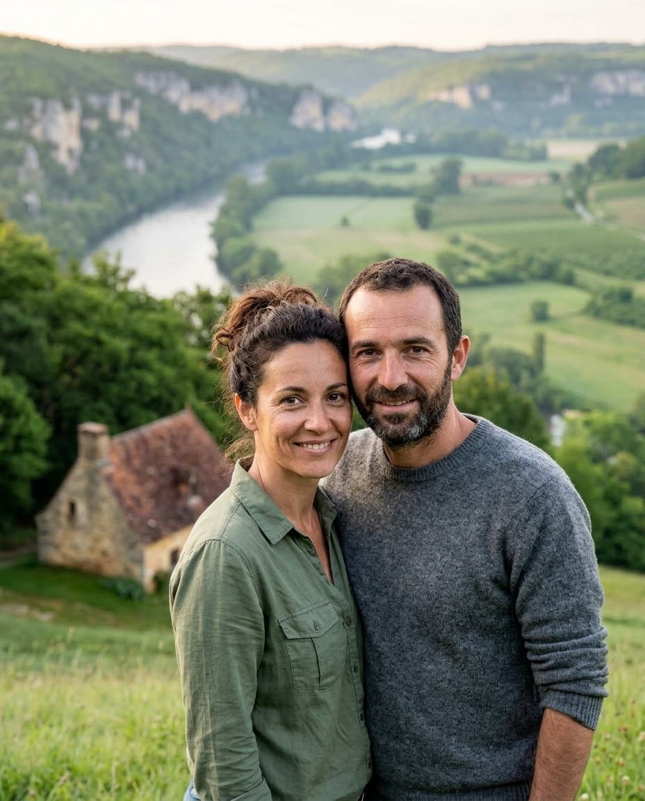 Marie et Thomas sur le coteau, la vallée boisée derrière eux.