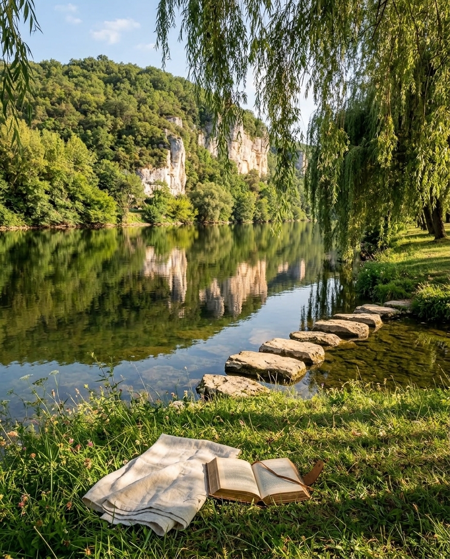La rive sous les saules, des pierres plates qui entrent dans la rivière, un livre ouvert sur l’herbe.