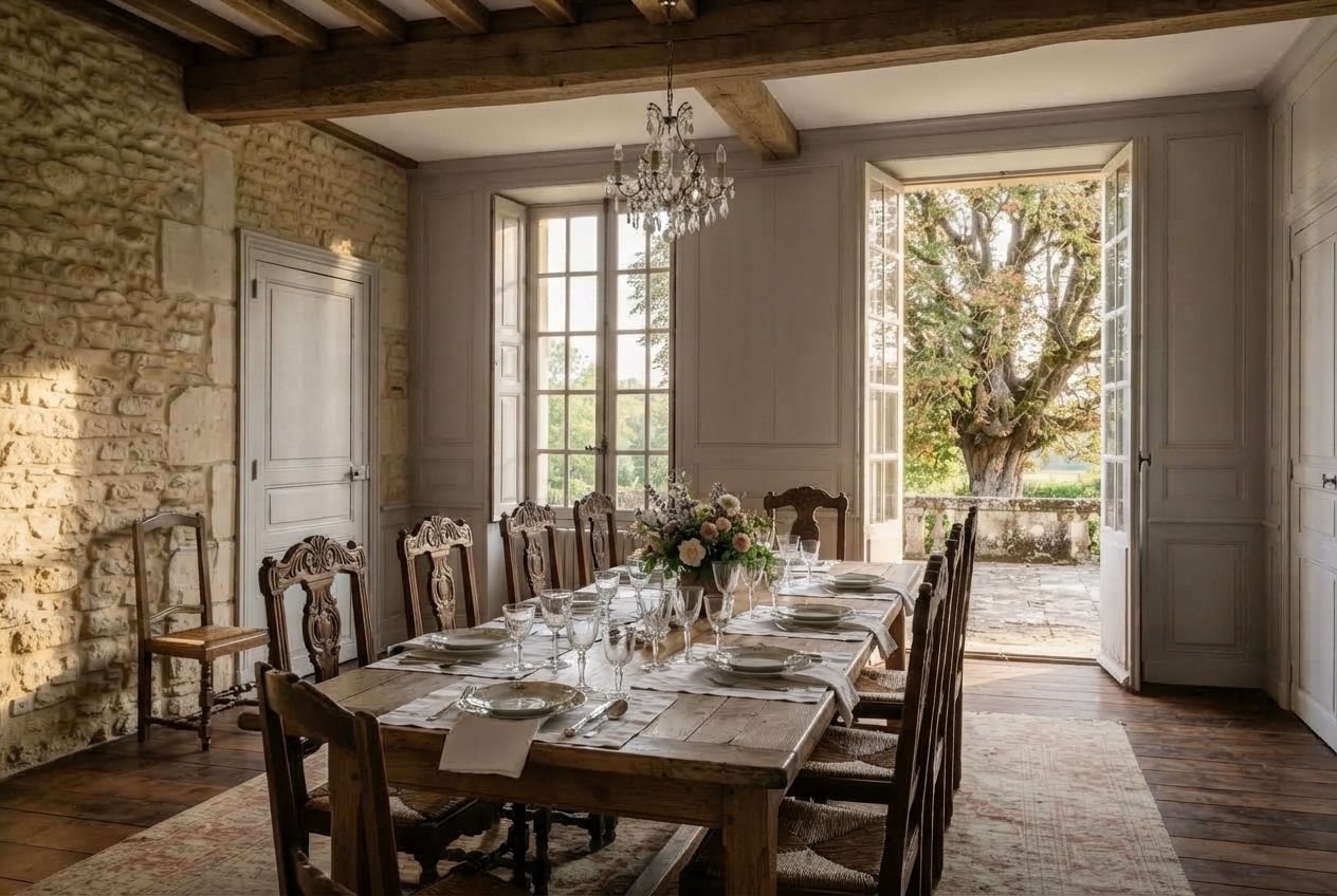 La salle à manger, dressée pour dix, ouverte sur la terrasse.