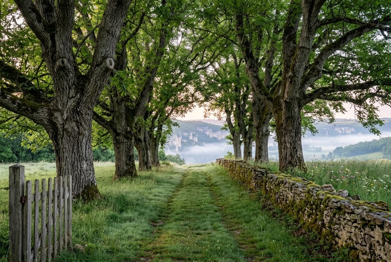 Le chemin entre les vieux noyers, le mur de pierre sèche et la vallée dans la brume.