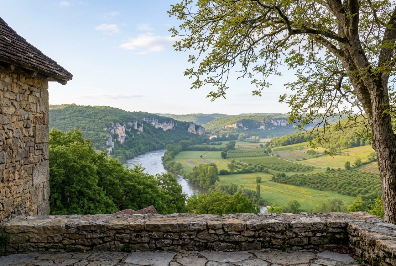 La vallée au printemps depuis la terrasse du Coteau : les noyers en feuilles neuves.