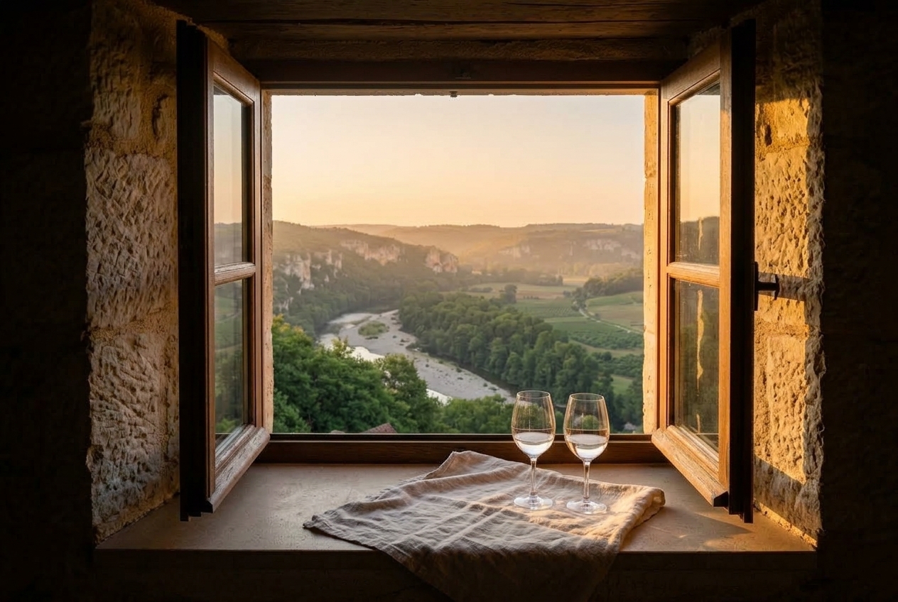 La vallée en été depuis la fenêtre du séjour, deux verres sur le rebord, dans la lumière du soir.