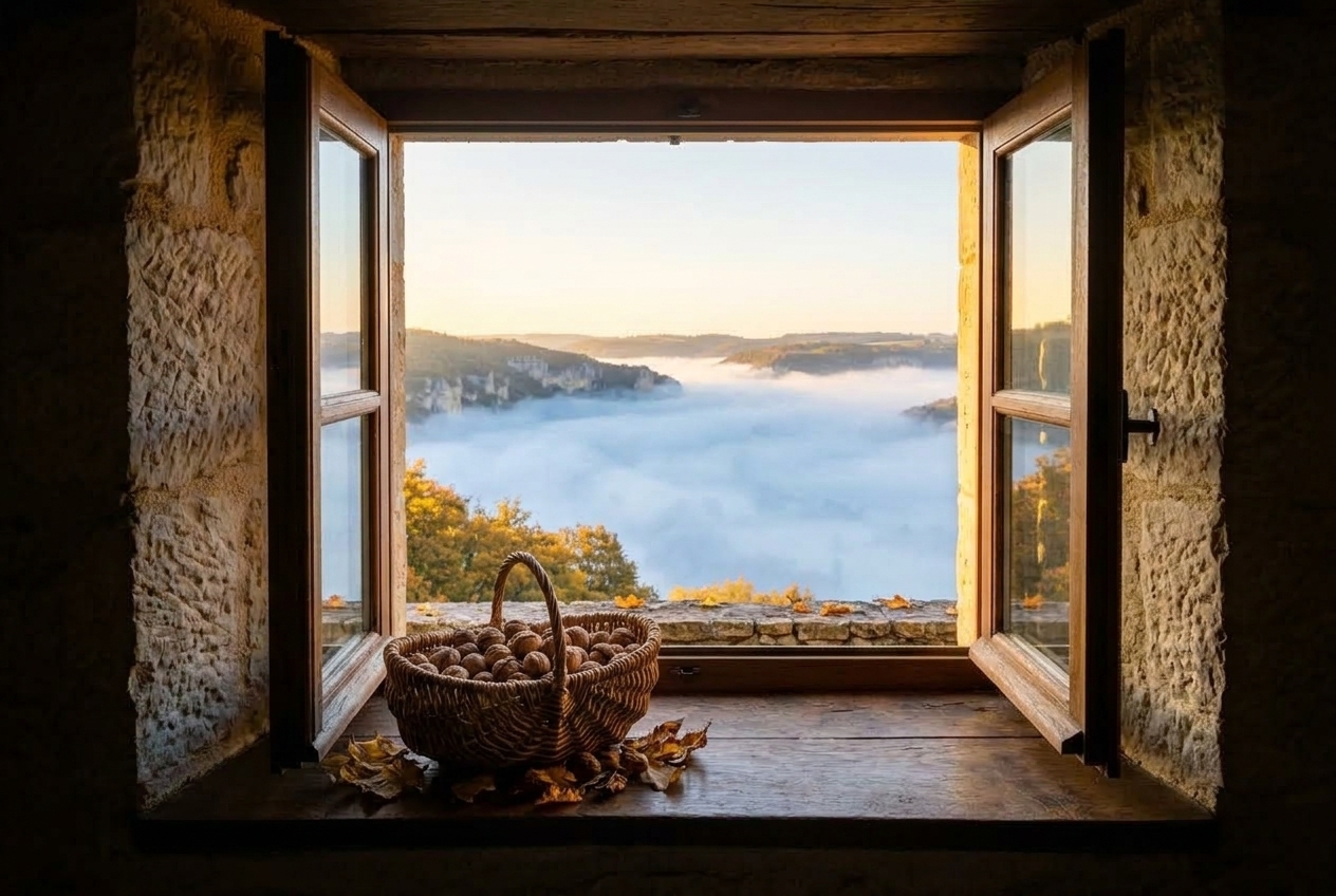 La vallée en automne depuis la fenêtre : un panier de noix sur le rebord, la brume dans la vallée.