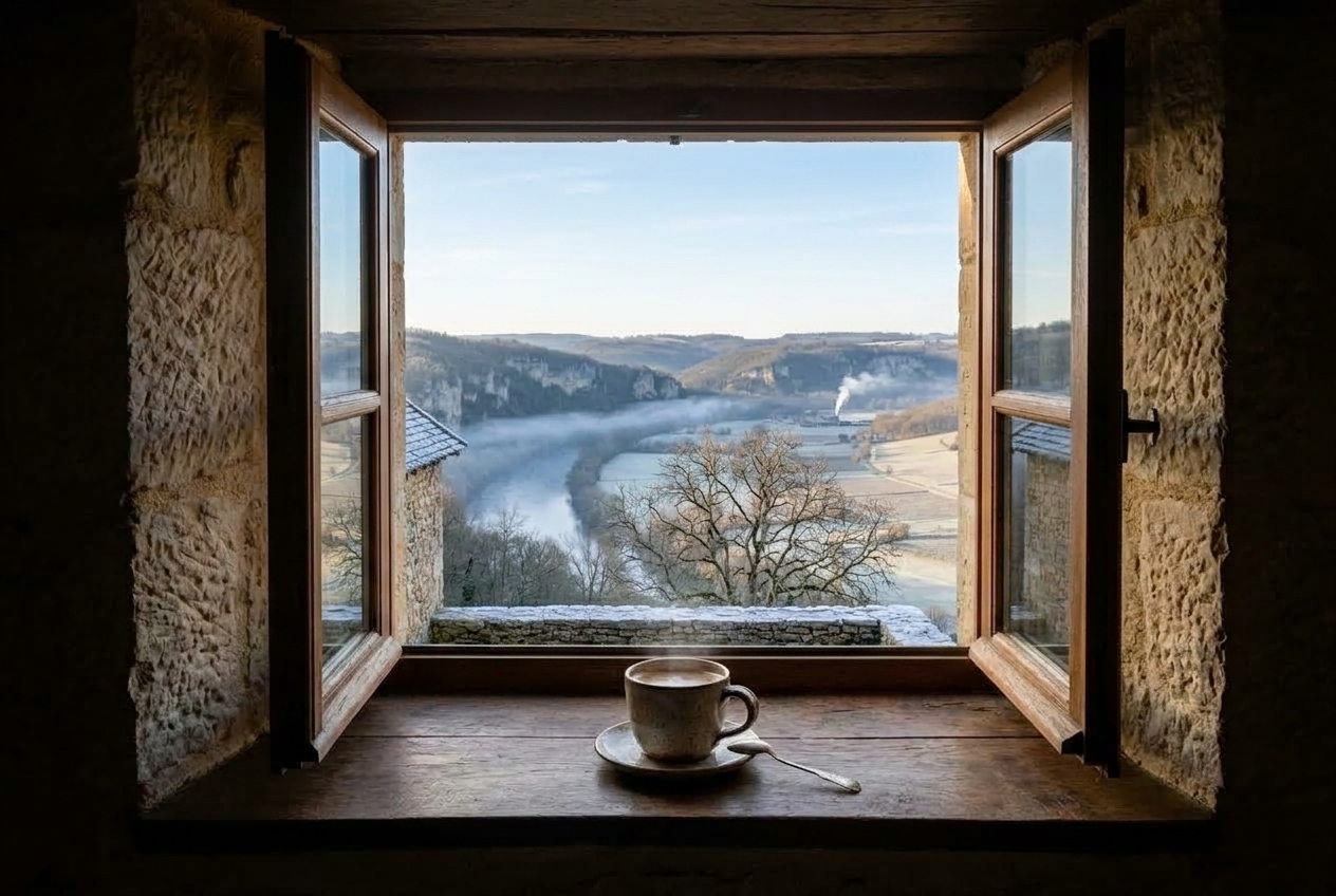 La vallée en hiver depuis la fenêtre : une tasse sur le rebord, le givre et le noyer nu.