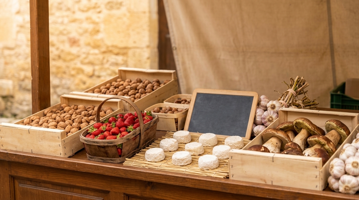 Un étal du marché le matin : noix, fraises, fromages de chèvre, cèpes.