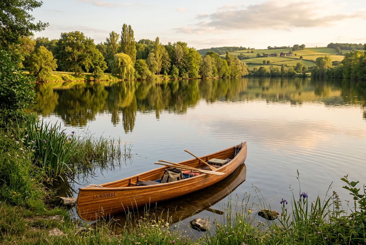 Un canoë de bois sur la Dronne, calme en fin d’après-midi.