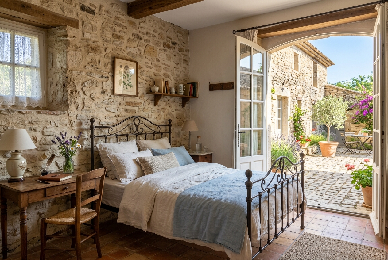 La chambre La Cour : lit double en fer, murs de pierre, porte ouverte sur la cour pavée.