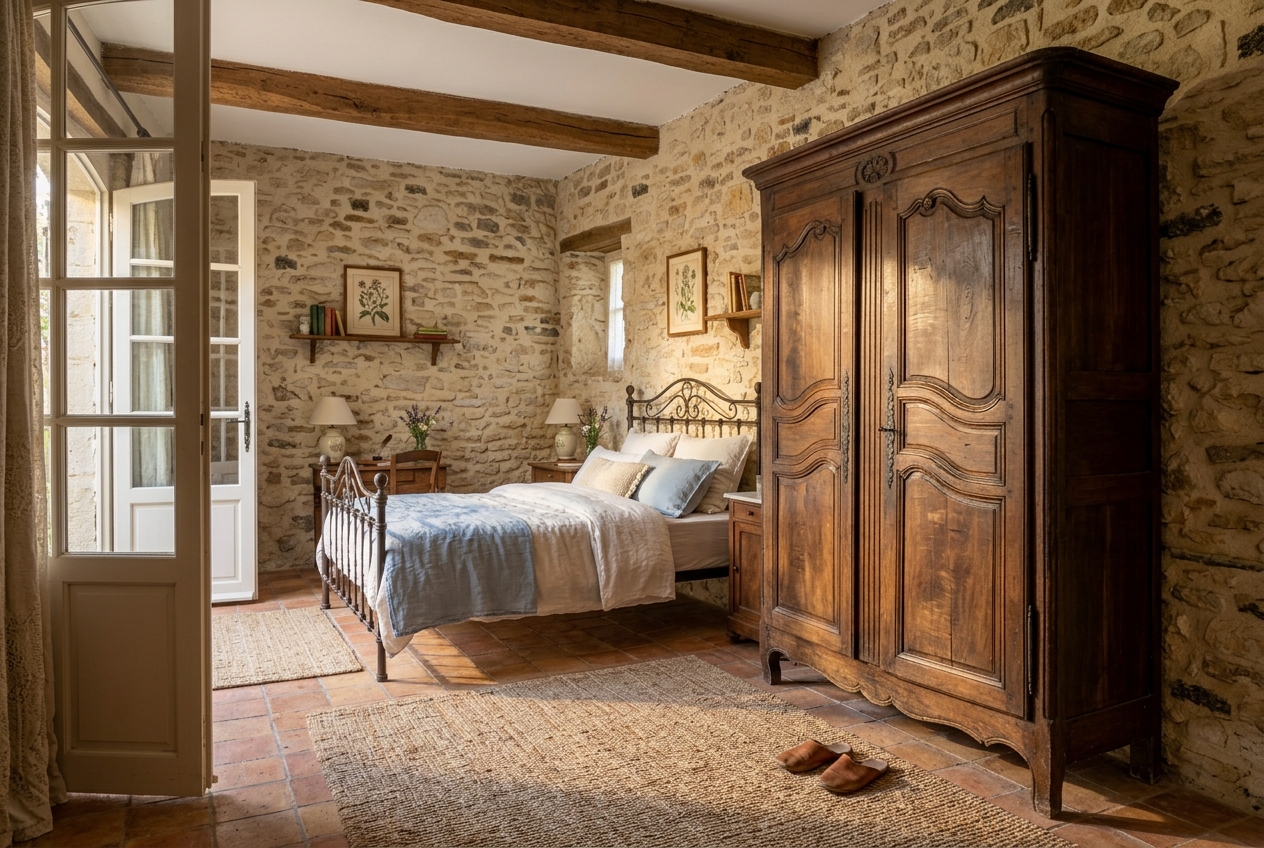 L’autre côté de la chambre, l’armoire ancienne