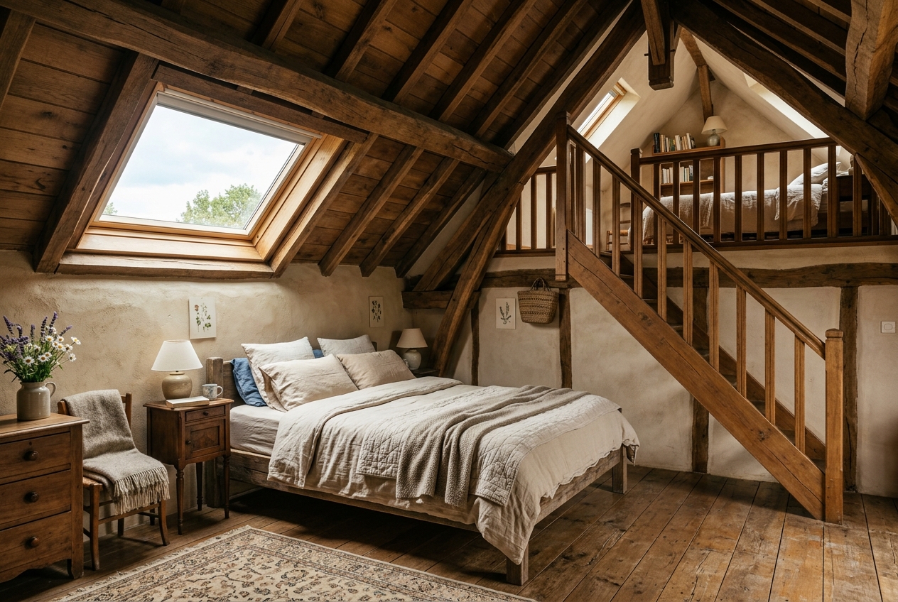 La chambre Le Grenier : lit double, charpente apparente, escalier vers la mezzanine.