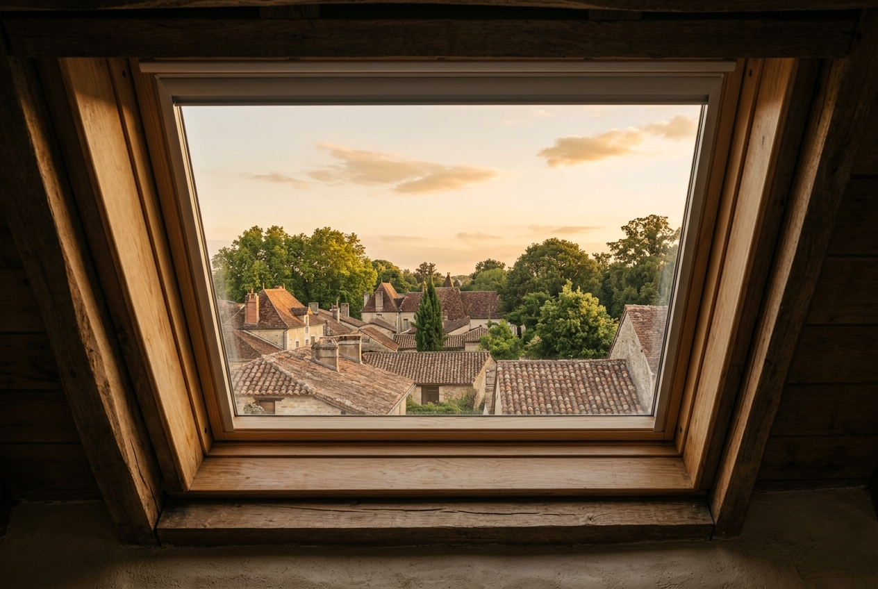 La vue depuis la lucarne, sur les toits de la ferme