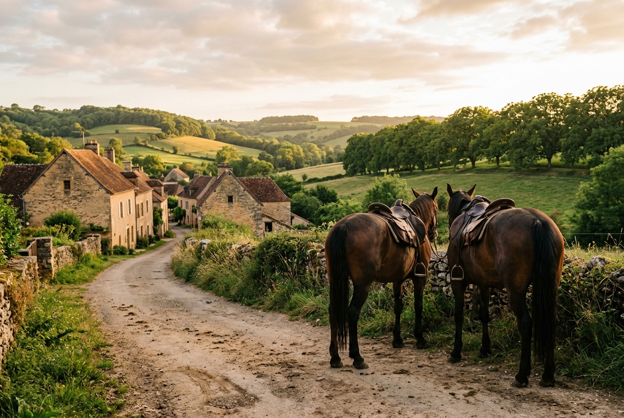 Deux chevaux sellés sur un chemin de terre, en fin d’après-midi.