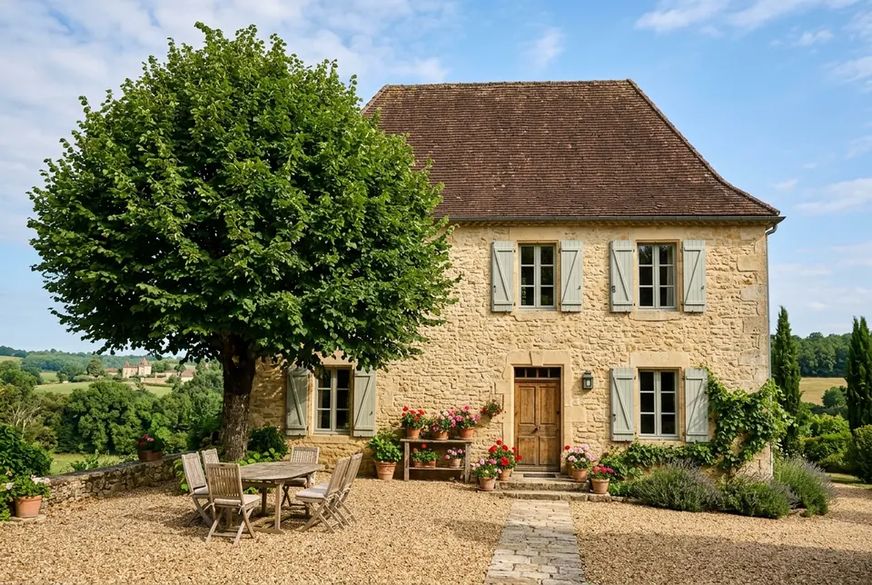 La ferme du Tilleul en pierre blonde et son grand tilleul.